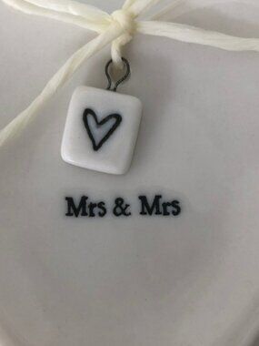Mrs. & Mrs. ceramic trinket heart dish East of India NWOT